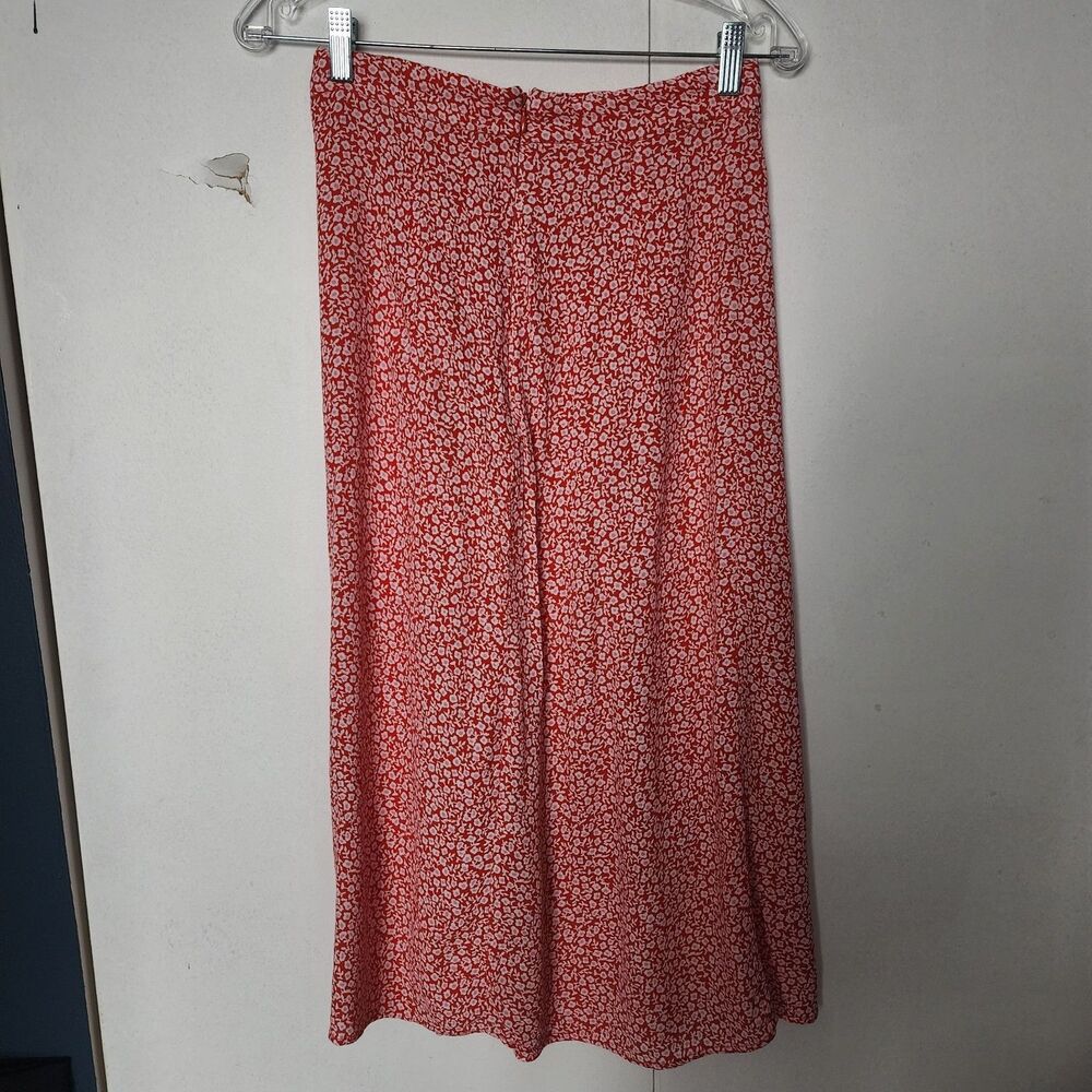 Red tiny Floral A-Line Midi Skirt split Viscose White Women 26 inch waist Small